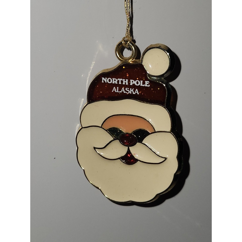 North Pole Alaska Stained Glass Santa Face Christmas Ornament Souvenir Vintage